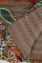 Load image into Gallery viewer, Handstitched cotton Kantha quilt paisley on a chocolate brown background, with highlights in olive green, red, blue, tan and white.