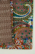 Load image into Gallery viewer, Handstitched cotton Kantha quilt paisley on a chocolate brown background, with highlights in olive green, red, blue, tan and white.