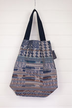 Load image into Gallery viewer, Made in France organic cotton large reversible Létol tote bag features the beautiful Yvette design of flowers and checks in sapphire blue with brown and turquoise highlights on one side, with co-ordinating print on the reverse.
