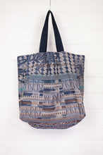 Load image into Gallery viewer, Made in France organic cotton large reversible Létol tote bag features the beautiful Yvette design of flowers and checks in sapphire blue with brown and turquoise highlights on one side, with co-ordinating print on the reverse.