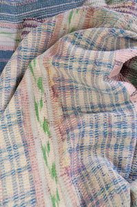 Washed vintage kantha quilt, pastel patched stripes.