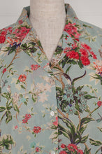 Load image into Gallery viewer, Juniper Hearth cotton voile pyjamas in Country Garden, floral print in rose pink, sage and aqua on soft blue green background. 
