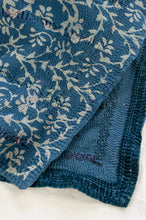 Load image into Gallery viewer, Vintage kantha quilt blockprinted with mud resist in natural indigo, vines and flowers in white on blue, sari edging and coloured embroidery