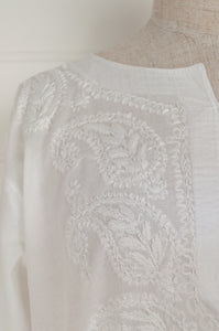 Chikankari white on white embroidered short kurta top.