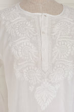 Load image into Gallery viewer, White on white chikankari embroidered button up long kurta top.