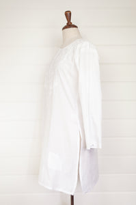 White on white chikankari embroidered button up long kurta top.