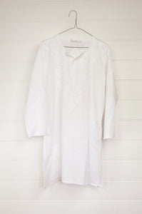 White on white chikankari embroidered button up long kurta top.