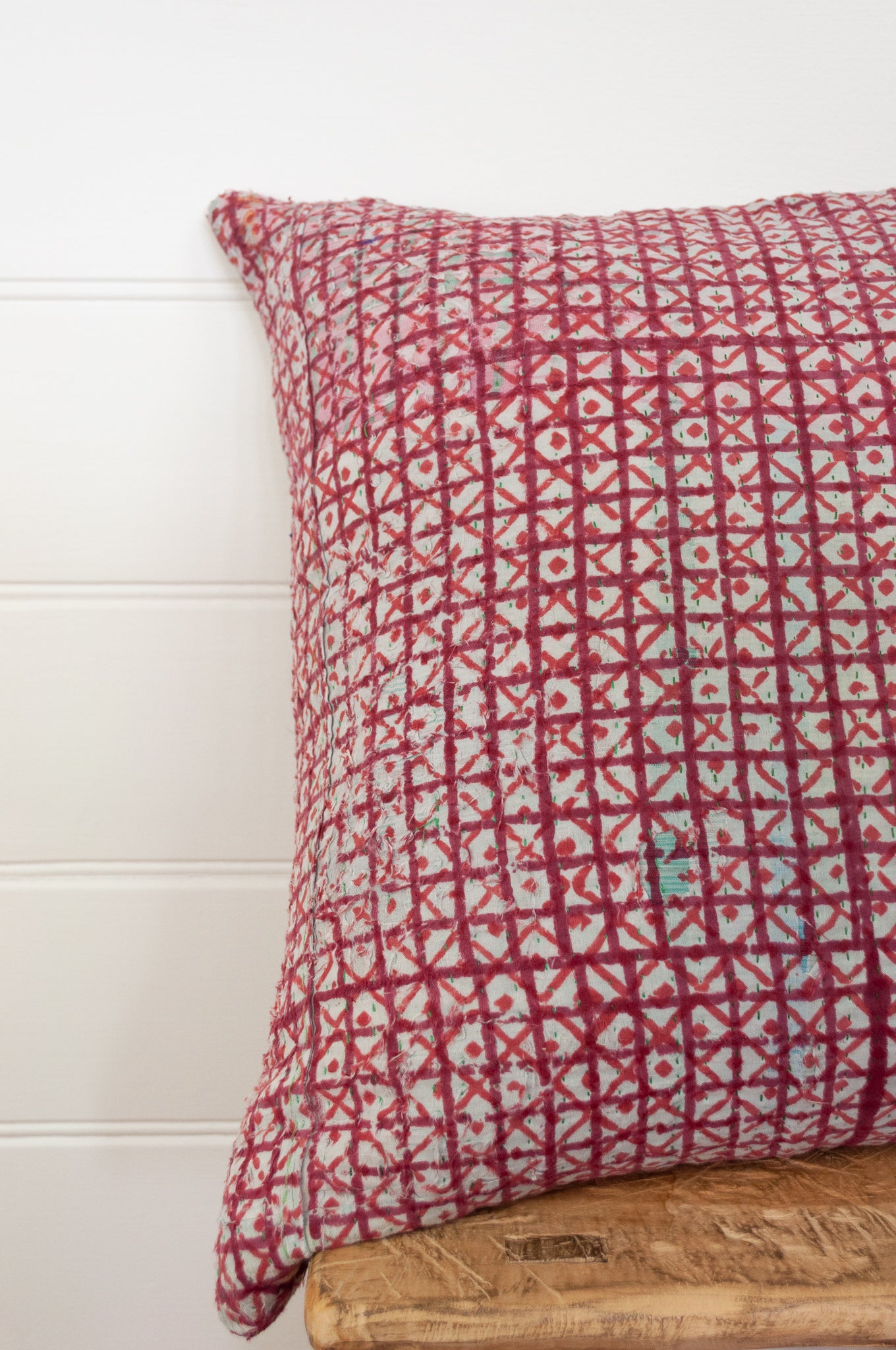 Vintage kantha quilt blockprinted square cushion in red and white checks.