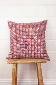 Vintage kantha quilt blockprinted square cushion in red and white checks.