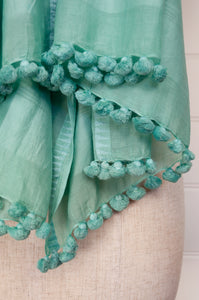 Silk cotton pompom scarf in aqua.