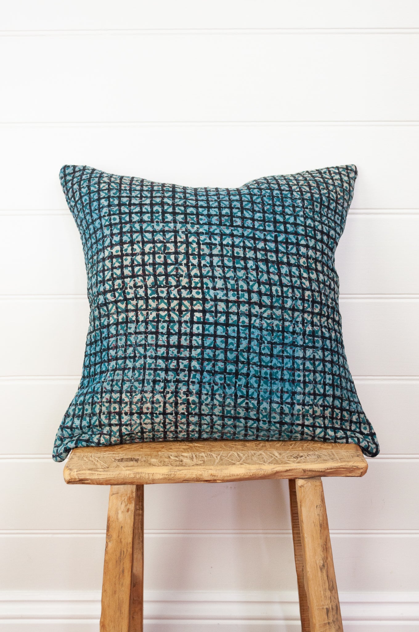 Vintage kantha quilt blockprinted square cushion in blue, green and black check.