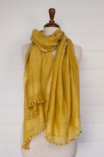Load image into Gallery viewer, Silk cotton pompom scarf in mustard yellow.