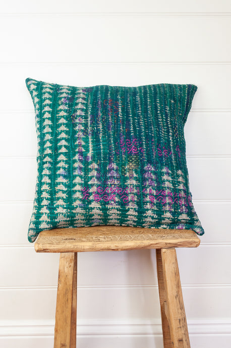 Vintage kantha quilt blockprinted square cushion in blue green stripes and arrows with original pink embroidery.