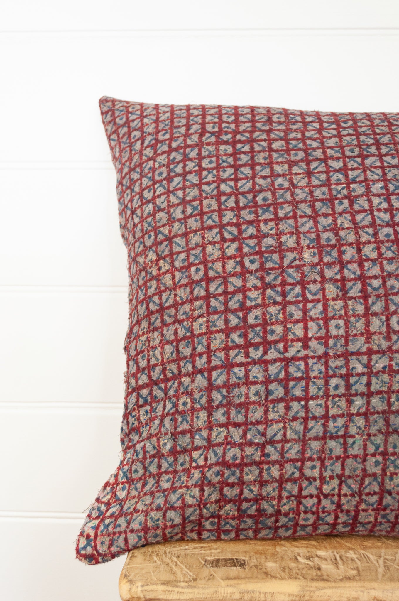 Vintage kantha quilt blockprinted square cushion in vintage red checks..