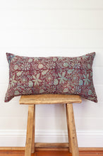 Load image into Gallery viewer, Vintage kantha oblong rectangular bolster cushion blockprinted with floral design in  deep burgundy red with touches of indigo.