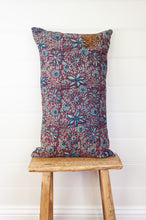 Load image into Gallery viewer, Vintage kantha oblong rectangular bolster cushion blockprinted with floral design in indigo and deep burgundy red.