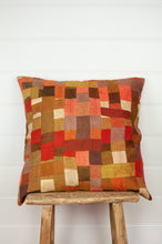 Load image into Gallery viewer, Vintage silk patchwork kantha stitched square cushion 45x45cm in shades of tangerine, olive, bronze, vanilla and chocolate brown.