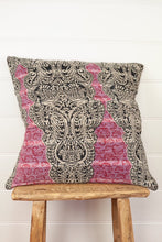 Load image into Gallery viewer, vintage kantha cushion has pink and white stripes with a black and white paisley