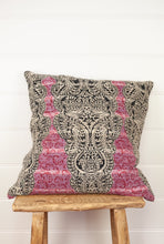 Load image into Gallery viewer, vintage kantha cushion has pink and white stripes with a black and white paisley