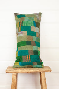 Vintage silk patchwork shades of green, plains with splashes of check.