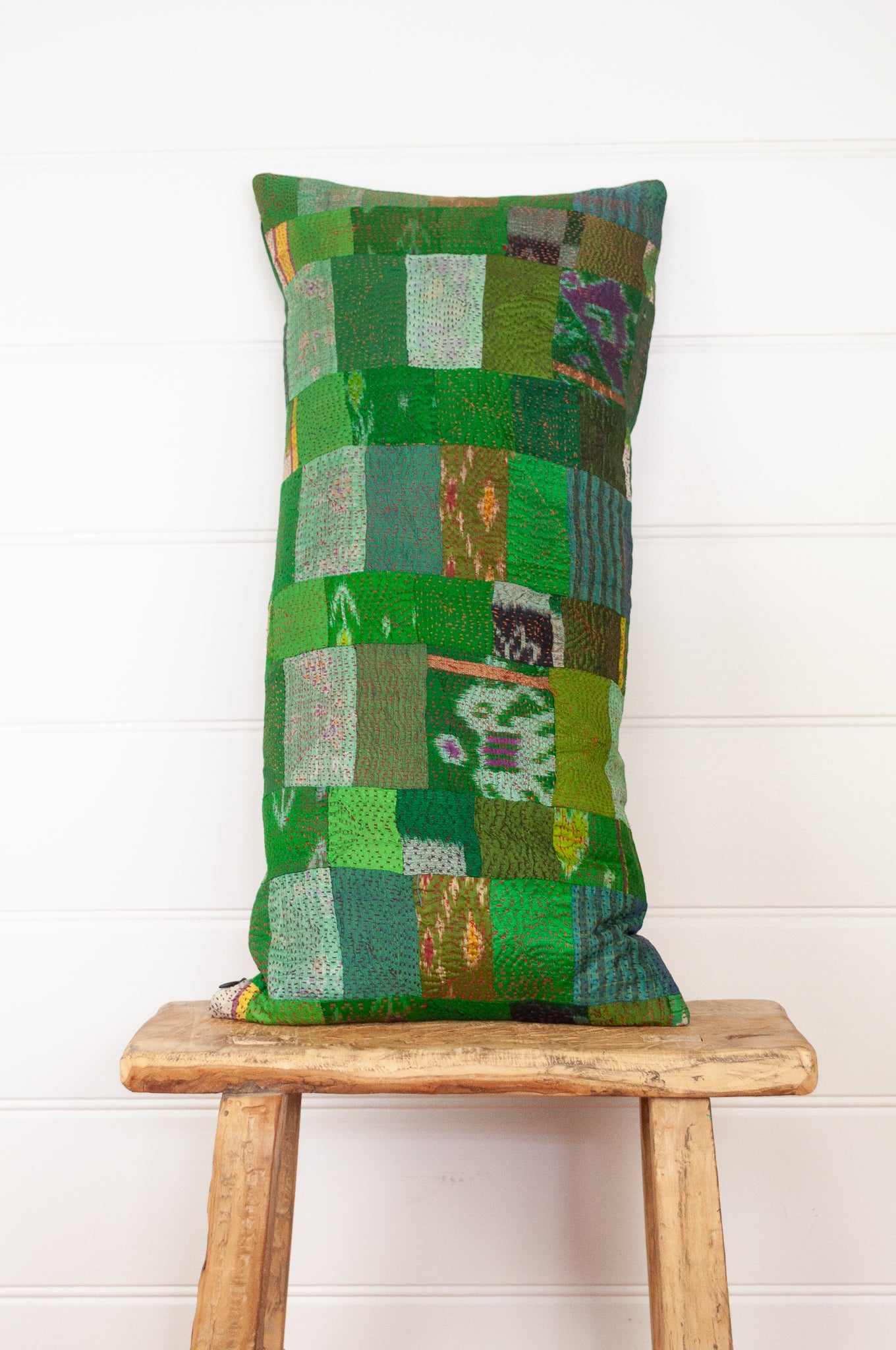Vintage silk patchwork shades of green, with dashes of ikat..