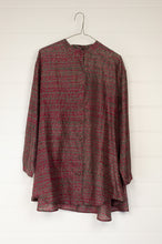 Load image into Gallery viewer, Neeru Kumar silk shibori button up collarless shirt in charcoal grey and red.
