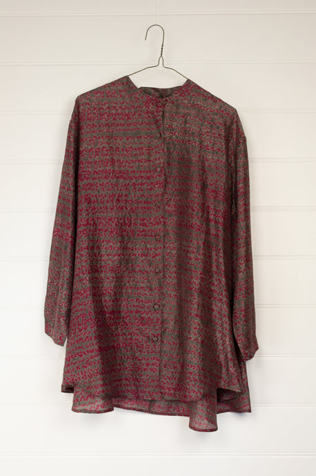 Neeru Kumar silk shibori button up collarless shirt in charcoal grey and red.
