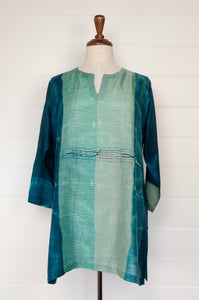 Juniper Hearth silk shibori kurta in emerald green and turquoise.
