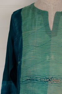 Juniper Hearth silk shibori kurta in emerald green and turquoise.