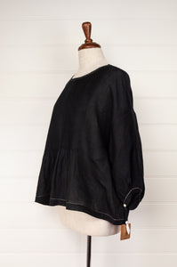 Dve Collection black linen Anisha top, one size, pintucked bodice, three quarter gathered sleeves, hand stitched details.