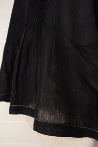 Dve Collection black linen Anisha top, one size, pintucked bodice, three quarter gathered sleeves, hand stitched details.