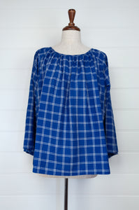 Juniper Hearth Yuka top, Japanese style smock top in handloom handwoven windowpane check blue and white cotton, gathered neck, long sleeve, loose fitting one size smock.