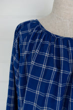 Load image into Gallery viewer, Juniper Hearth Yuka top, Japanese style smock top in handloom handwoven windowpane check blue and white cotton, gathered neck, long sleeve, loose fitting one size smock.