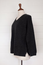 Load image into Gallery viewer, Juniper Hearth classic V neck sweater in pure cashmere, dark charcoal grey, easy fit with side slits.
