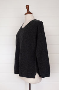 Juniper Hearth classic V neck sweater in pure cashmere, dark charcoal grey, easy fit with side slits.