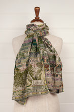 Load image into Gallery viewer, Létol made in France organic cotton jacquard woven scarf in Anemone, underwater scenes in shades of olive and algae green.