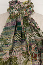 Load image into Gallery viewer, Létol made in France organic cotton jacquard woven scarf in Anemone, underwater scenes in shades of olive and algae green.
