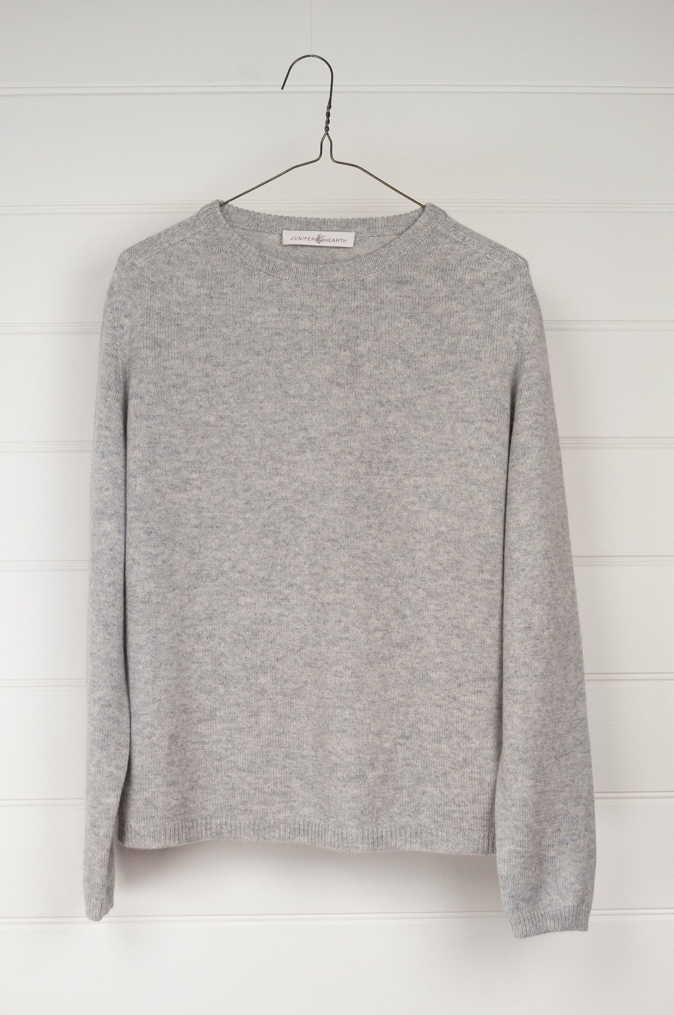 Juniper Hearth pure cashmere classic crew neck sweater in ash grey marled.