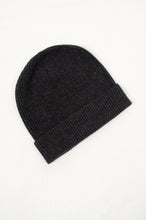 Load image into Gallery viewer, Juniper Hearth rib knit pure cashmere charcoal dark grey beanie.