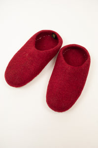 Crimson wool felt slippers, slip on style, fair trade and ethically made in Nepal.