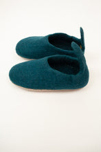 Load image into Gallery viewer, Teal turquoise wool felt slippers, pull on style with tab, fair trade and ethically made in Nepal.