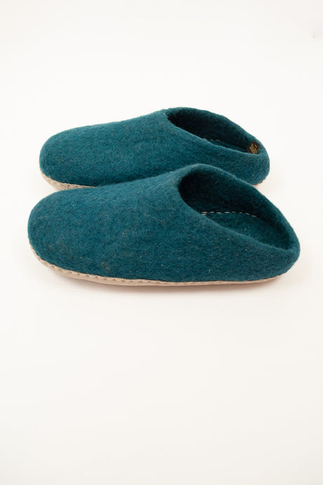 Teal turquoise wool felt slippers, slip on style, fair trade and ethically made in Nepal.
