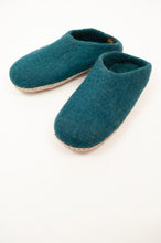 Load image into Gallery viewer, Teal turquoise wool felt slippers, slip on style, fair trade and ethically made in Nepal.