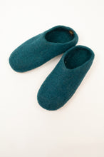 Load image into Gallery viewer, Teal turquoise wool felt slippers, slip on style, fair trade and ethically made in Nepal.