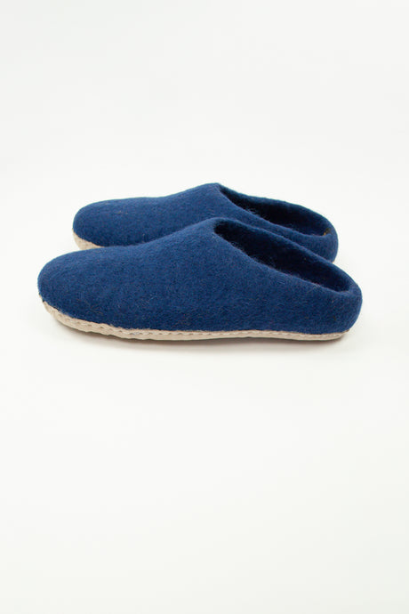 Fair trade pure wool felt slip on slippers in navy blue.