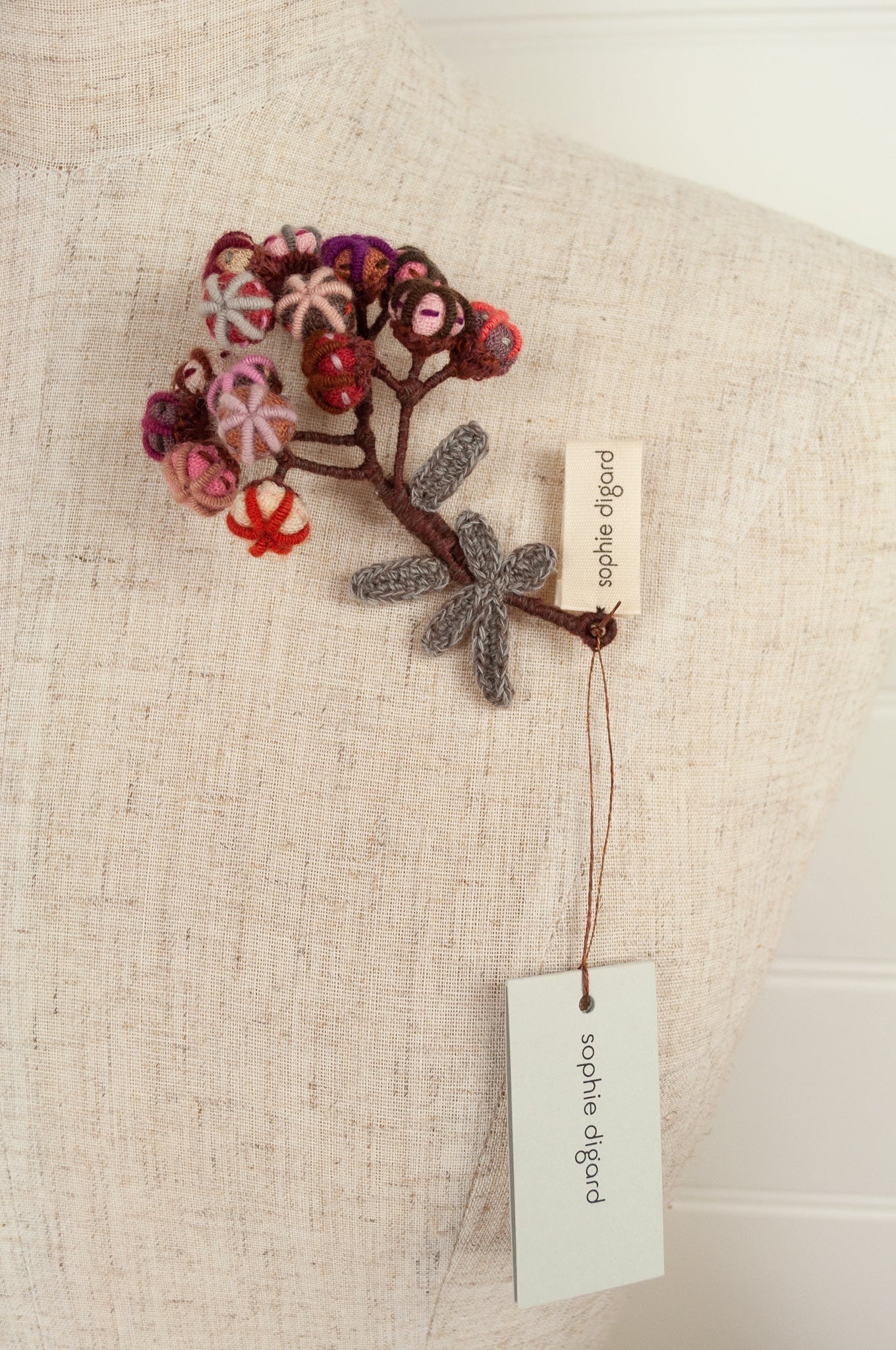 Sophie Digard hand crafted crocheted embroidered warm toned wool flower brooch 4262.