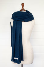 Load image into Gallery viewer, Juniper Hearth baby yak wool handwoven wrap or shawl with fringe on ends, in French navy blue, 100x200cm.