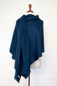 Juniper Hearth baby yak wool handwoven wrap or shawl with fringe on ends, in French navy blue, 100x200cm.