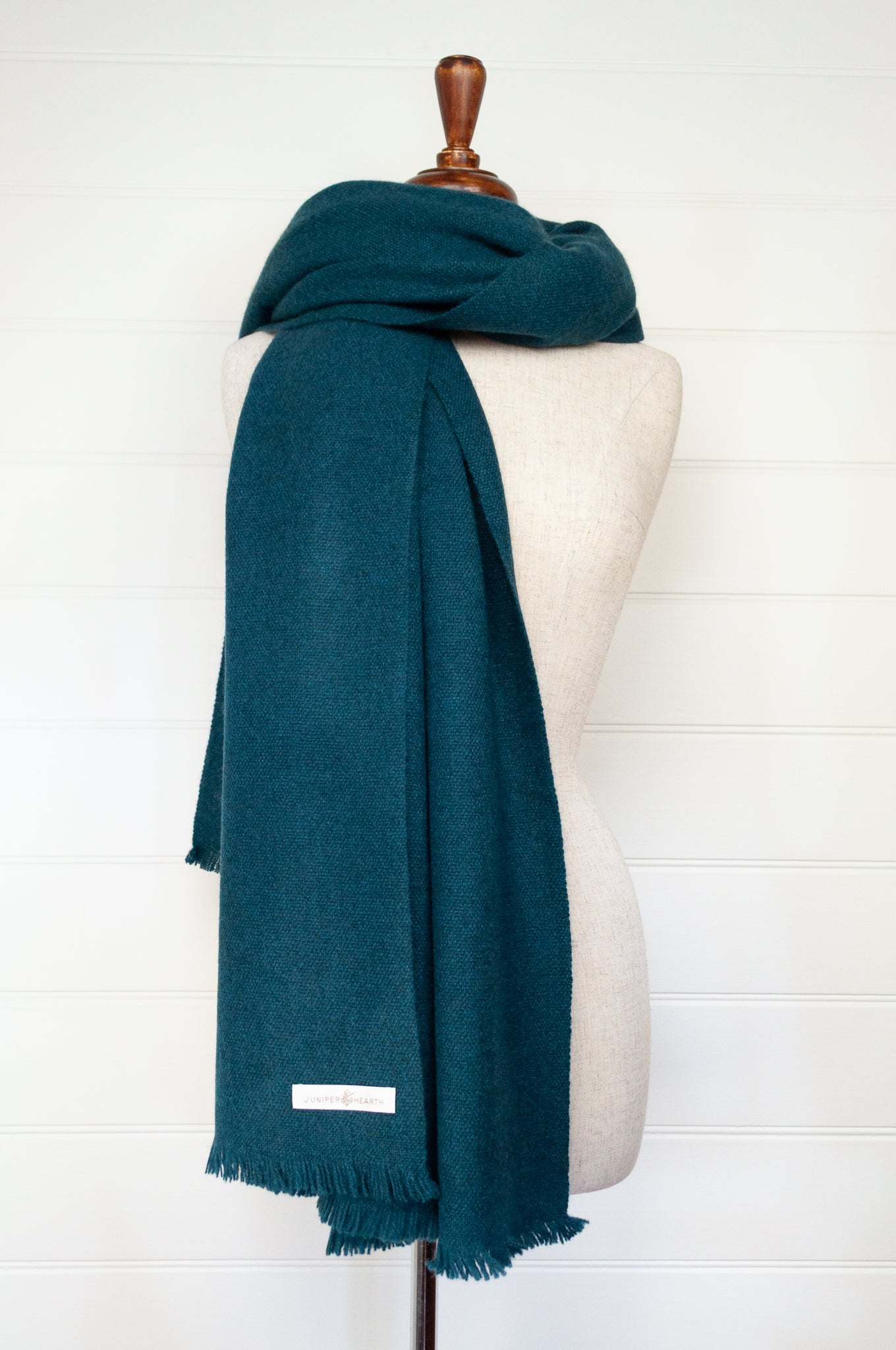 Juniper Hearth baby yak wool handwoven wrap or shawl with fringe on ends, in deep teal, peacock green blue, 100x200cm.