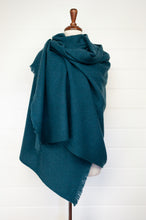 Load image into Gallery viewer, Juniper Hearth baby yak wool handwoven wrap or shawl with fringe on ends, in deep teal, peacock green blue, 100x200cm.